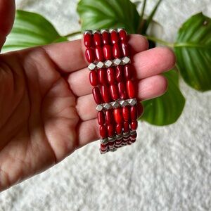 Vintage India Red Coral & Sterling Silver Bracelet